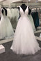 White Sparkly A Line V-neck Tulle Backless Sequin Wedding Dresses