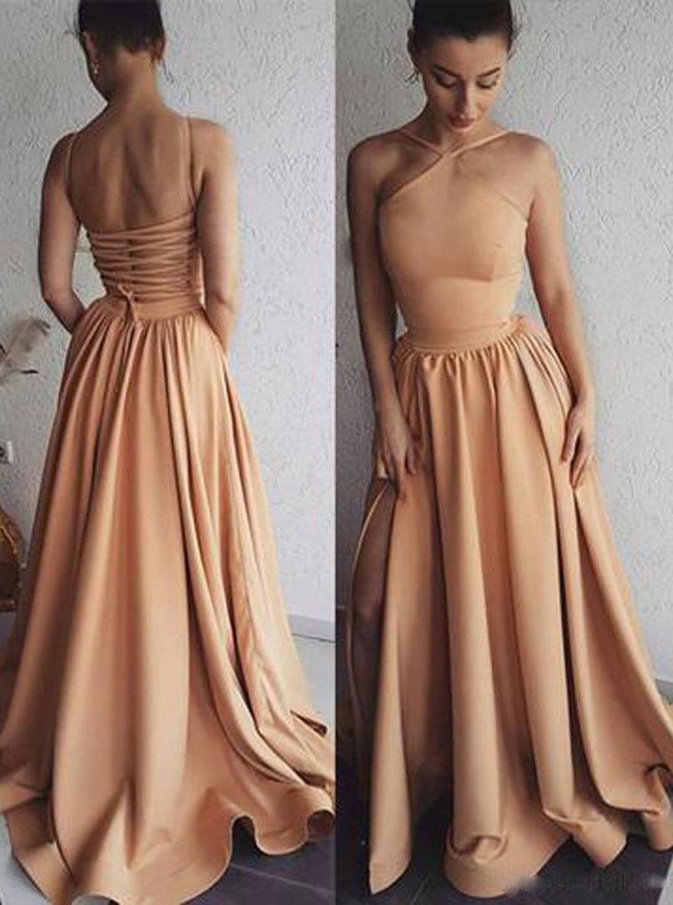 a-line halter satin long prom evening dresses with split dtp905