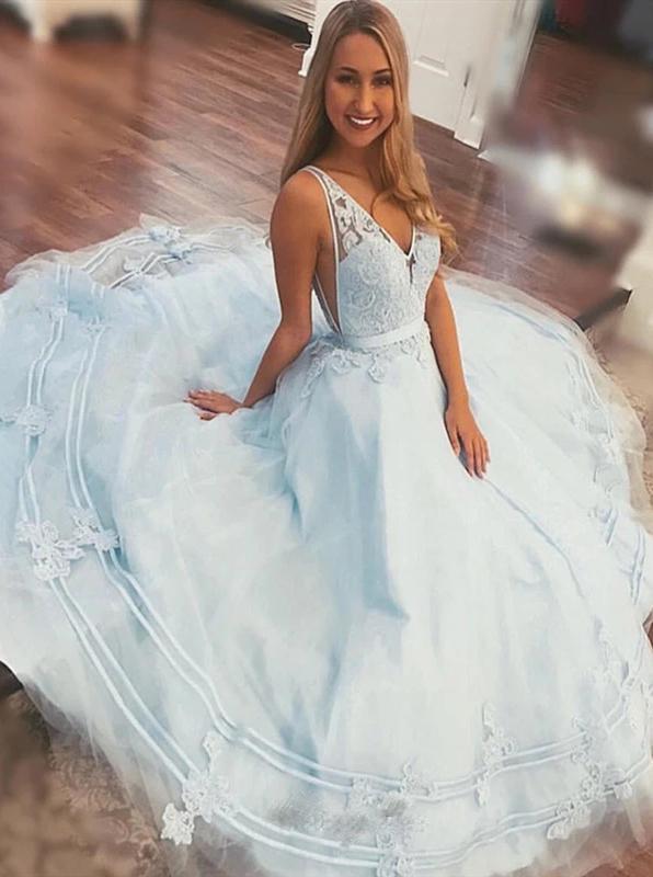 a-line v-neck long light sky blue prom dresses with lace appliques dtp984