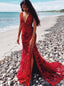 Long Mermaid Burgundy Prom Evening Dresses with Beaded Appliques
