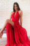 A-line Red Chiffon Simple Long Prom Dresses, Evening Dress With Split