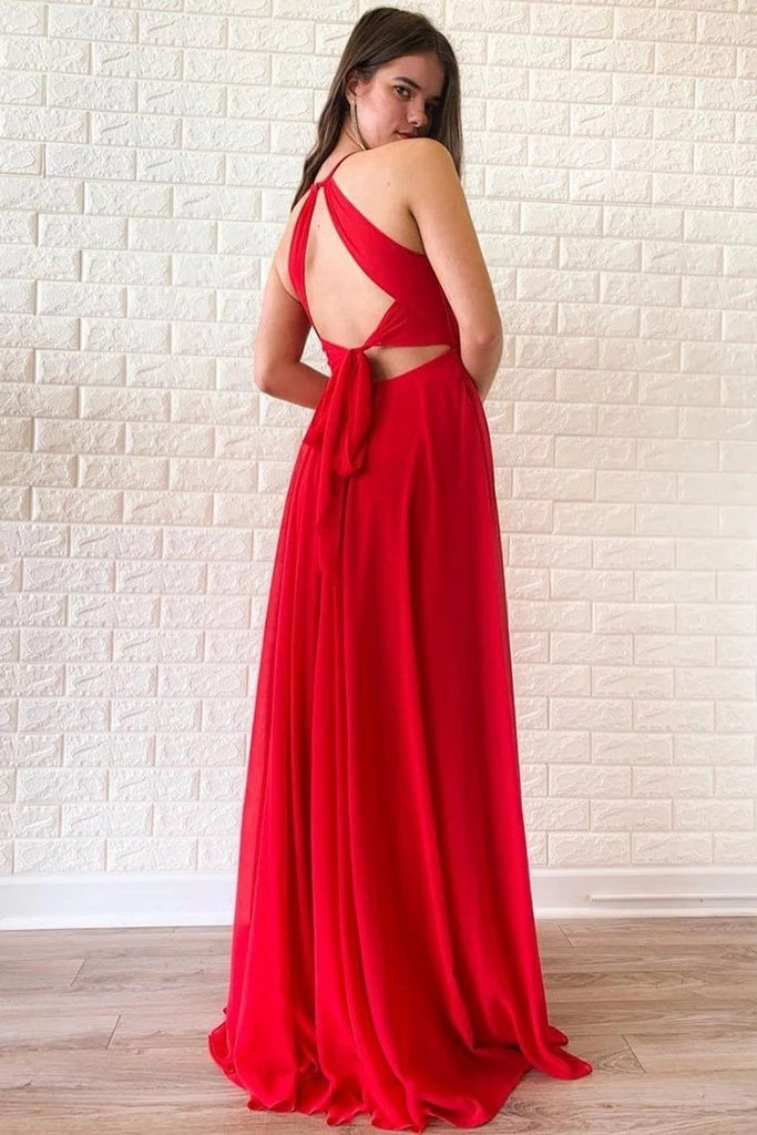 A-line Red Chiffon Simple Long Prom Dresses, Evening Dress With Split