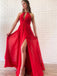 A-line Red Chiffon Simple Long Prom Dresses, Evening Dress With Split