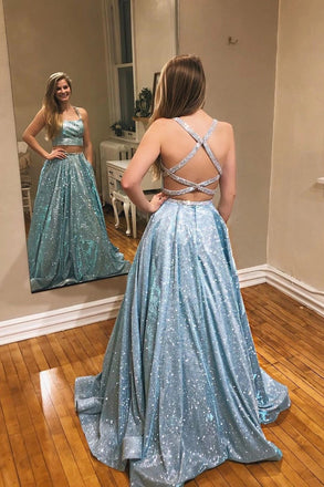 glitter mint green a-line two piece sparkle prom dresses with pockets dtp1087