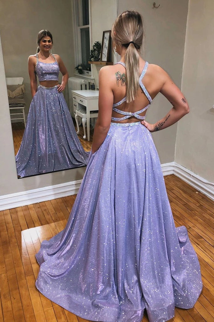 Glitter Mint Green A-Line Two Piece Sparkle Prom Dresses With Pockets