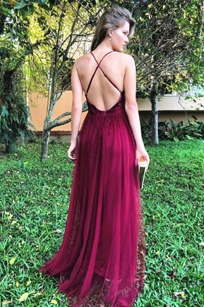 Sexy Sequin Evening Dresses Tulle Backless Burgundy Prom Dresses DTP871 DressTok.co.uk Sexy Sequin Evening Dresses Tulle Backless Burgundy Prom Dresses DTP871 DressTok.co.uk
