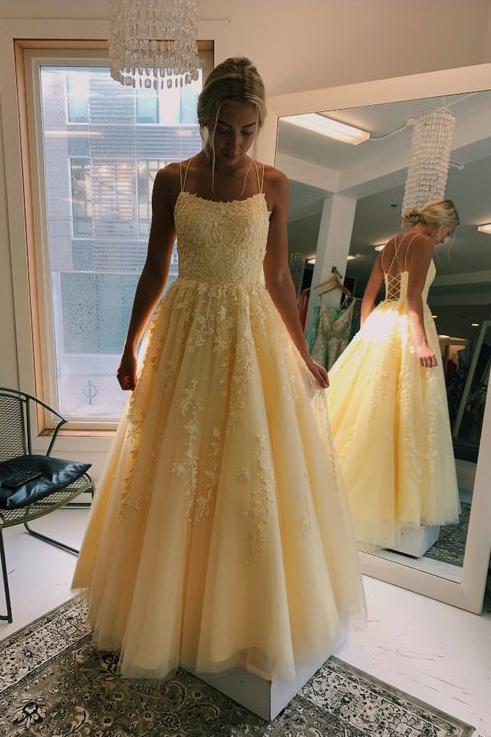 daffodil spaghetti straps tulle sleeveless long prom dresses with appliques dtp811