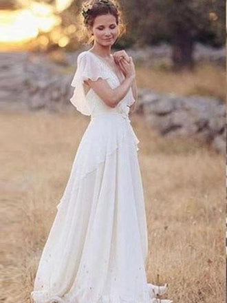 Flowy Flounce Sleeve Beach Wedding Dresses With Appliques