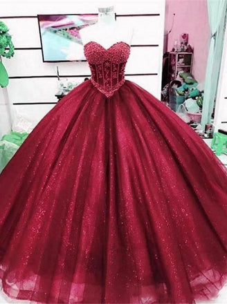 Tulle Burgundy Sparkle Sweetheart Prom Dress Ball Gown with Beaded Quinceanera Dress