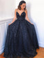 A Line V Neck Dark Navy Long Prom Formal Dresses With Appliques