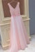 tulle v neck sleeveless pink long prom dresses with appliques dtp857