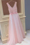 Tulle V Neck Sleeveless Pink Long Prom Dresses With Appliques