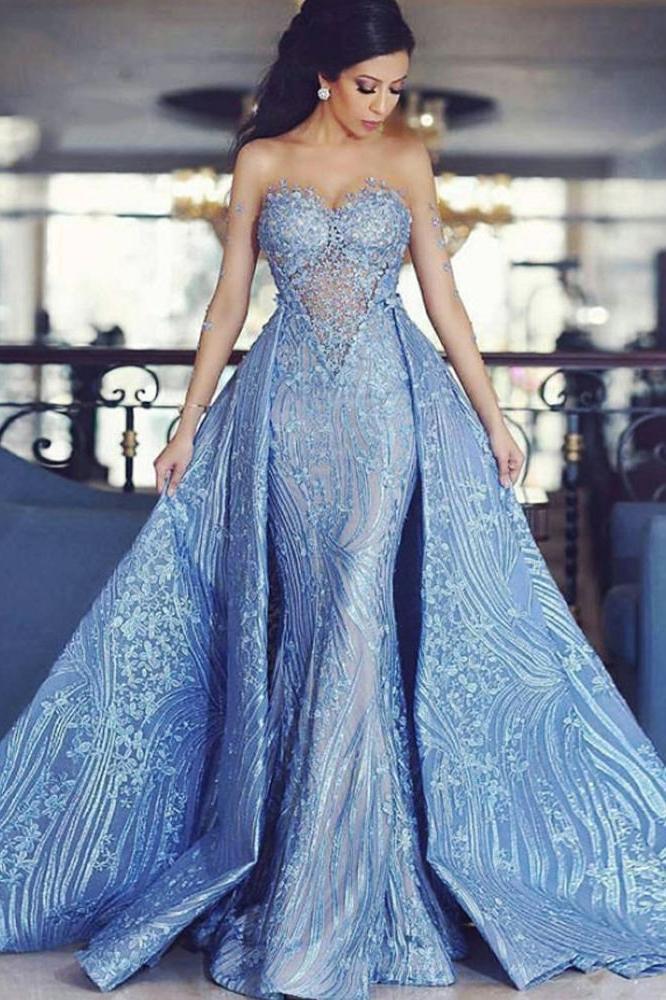 Detachable Train Mermaid Formal Evening Dresses Blue Appliques Prom Gowns