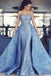 Detachable Train Mermaid Formal Evening Dresses Blue Appliques Prom Gowns