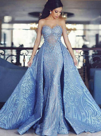 detachable train mermaid formal evening dresses blue appliques prom gowns dtp812