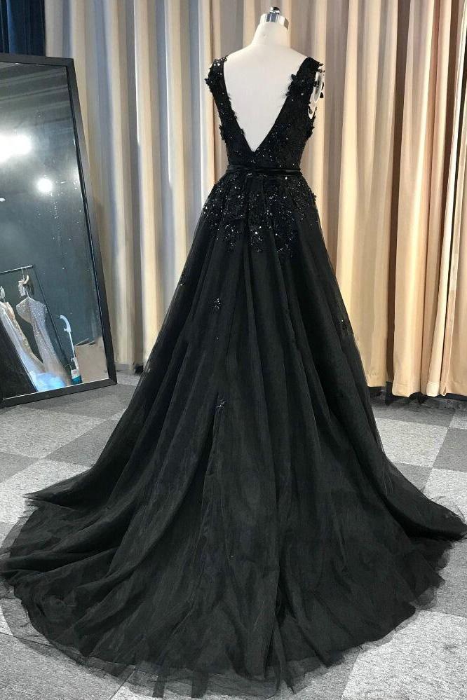 A-line Lace Appliques Black V-neck Long Prom Dresses, Charm Sleeveless Evening Dress