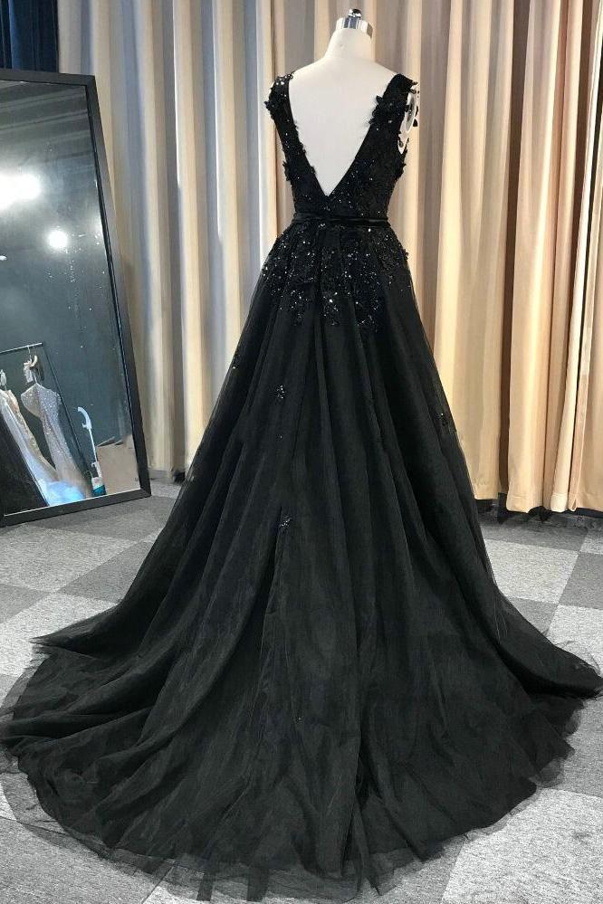 A-line Lace Appliques Black V-neck Long Prom Dresses, Charm Sleeveless Evening Dress