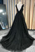 A-line Lace Appliques Black V-neck Long Prom Dresses, Charm Sleeveless Evening Dress