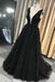 charm sleeveless evening dress a-line lace appliques black v-neck long prom dresses dtp943