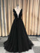 A-line Lace Appliques Black V-neck Long Prom Dresses, Charm Sleeveless Evening Dress
