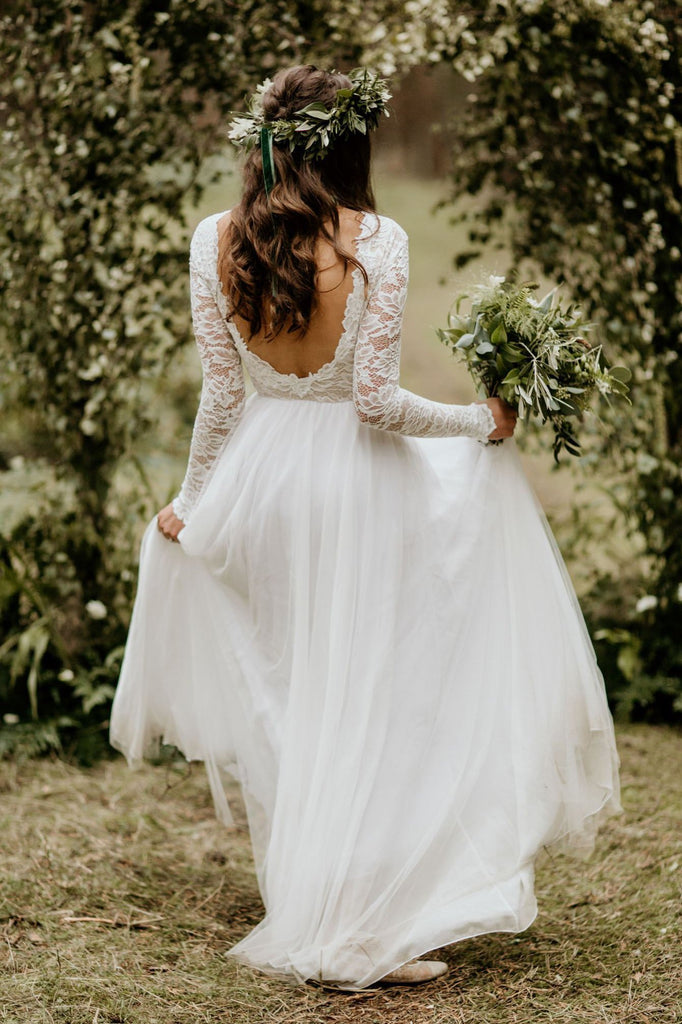 long sleeve boho wedding dress uk Light Brown Long Sleeve Boho Wedding Dress Rustic Wedding Dress WD741 US2 / Custom Color