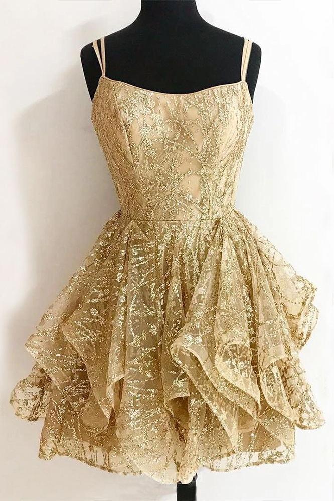 glitter short prom dress a-line sequins gold homecoming dress dth453