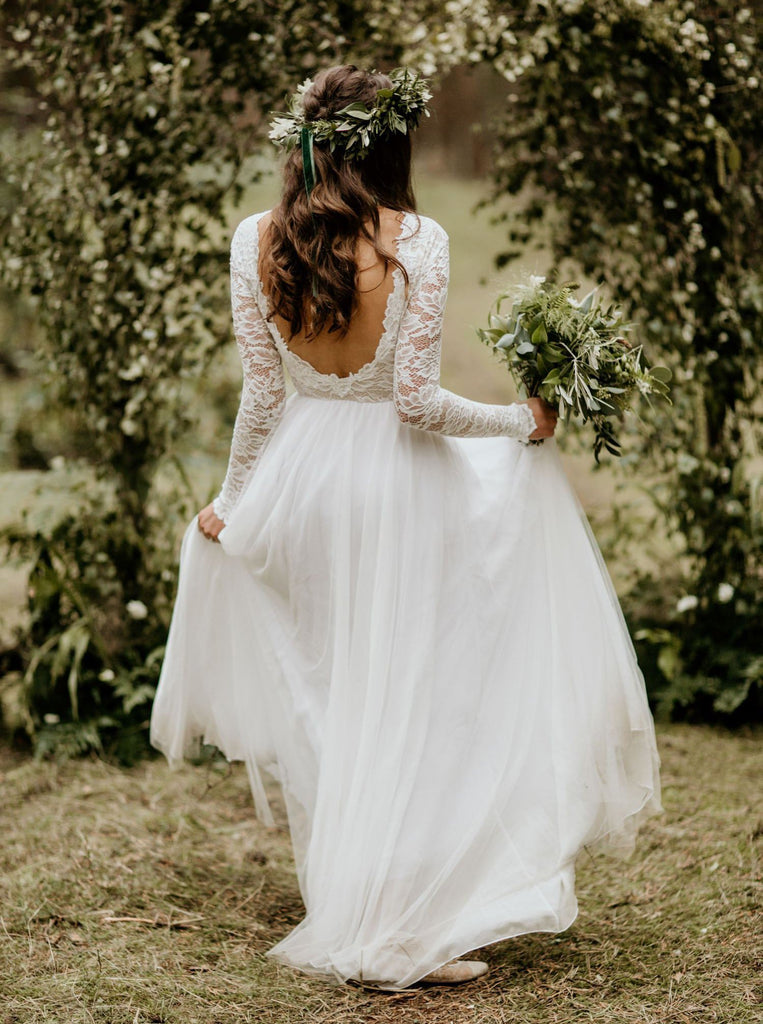 Chiffon Boho Bridal Gown Open Back Wedding Dresses With Lace Long Sleeves