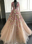 Pretty Illusion Long Sleeves 3D Flower Tulle Prom Gowns Formal Dress