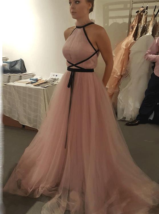 a-line halter tulle long prom evening dress with black ribbon dtp855