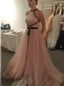 A-line Halter Tulle Long Prom Evening Dress With Black Ribbon