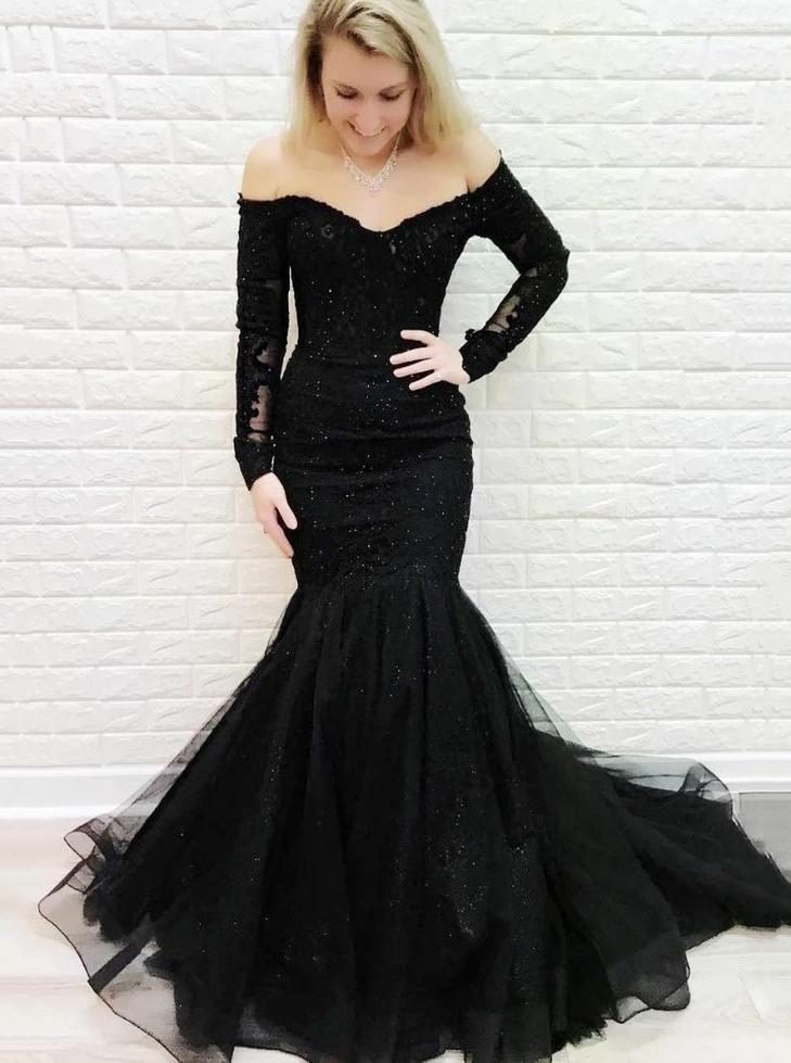 Off-the-shoulder Lace Long Sleeves Black Mermaid Prom Evening Dresses DTP953 DressTok.co.uk Off-the-shoulder Lace Long Sleeves Black Mermaid Prom Evening Dresses DTP953 DressTok.co.uk