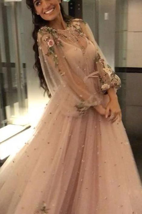 elegant pearl pink long sleeves prom dresses with appliques beaded dtp1019