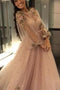 Elegant Pearl Pink Long Sleeves Prom Dresses With Appliques Beaded
