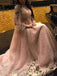 Elegant Pearl Pink Long Sleeves Prom Dresses With Appliques Beaded