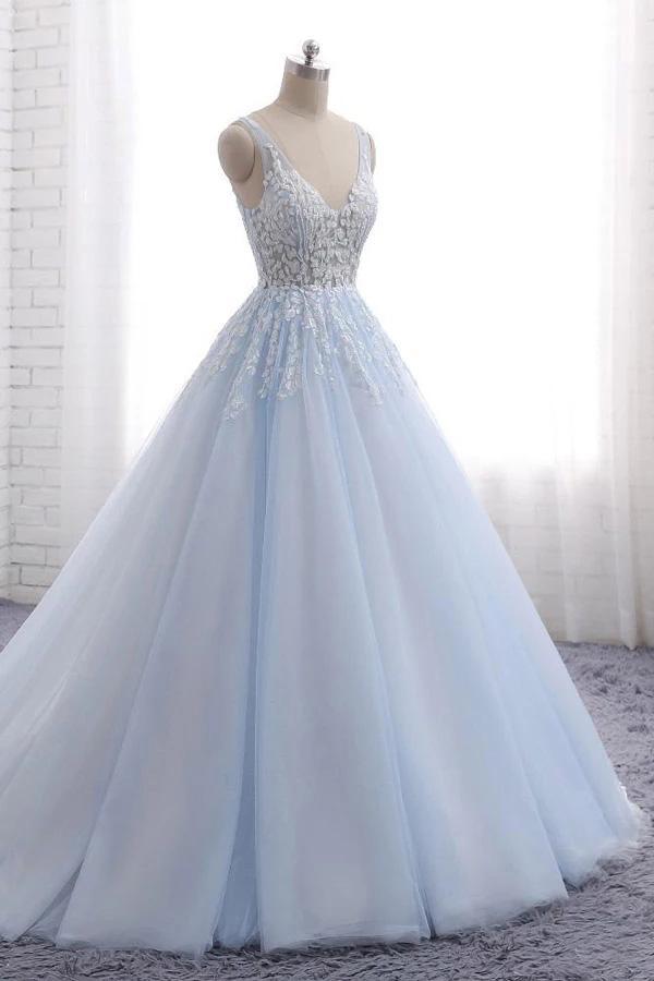 v neck appliques ball gown light sky blue backless prom dresses dtp946