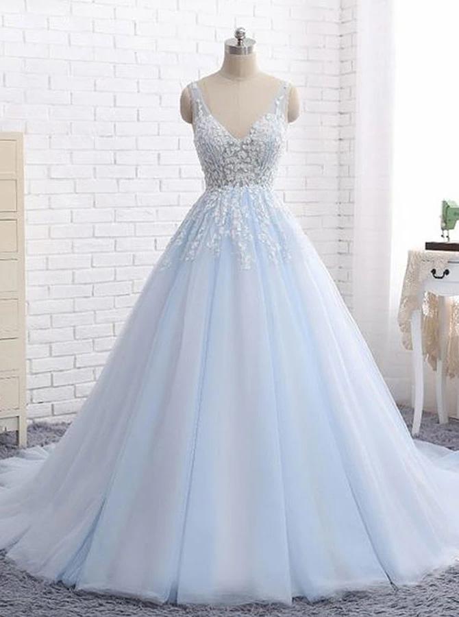 Light Sky Blue Backless Prom Dresses, V Neck Appliques Ball Gown
