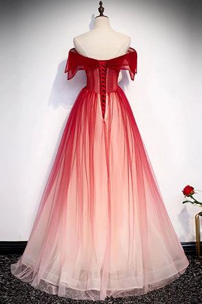 Off-Shoulder Tulle Red Long Prom Dresses, Lace Up Princess Party Gown