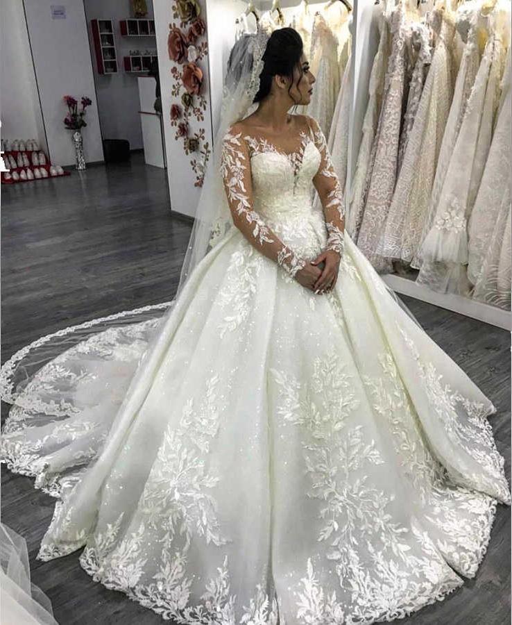 luxury lace long sleeves wedding dresses ball gown with beaded appliques dtw384