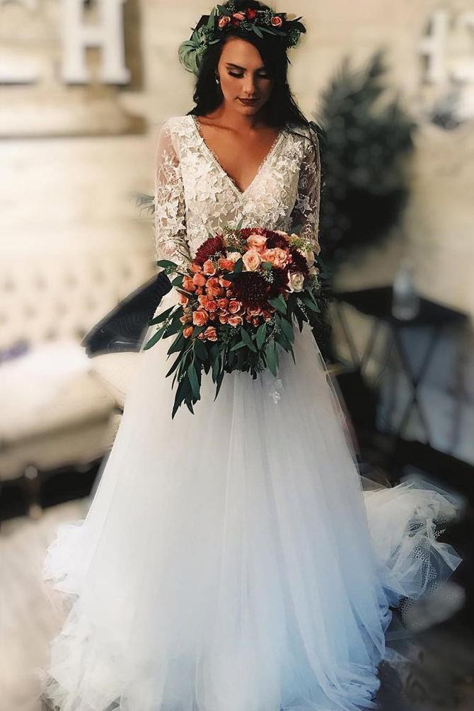 Rustic Wedding Dresses Long Sleeve Lace Tulle Boho Bridal Dress DTW302 DressTok.co.uk Rustic Wedding Dresses Long Sleeve Lace Tulle Boho Bridal Dress DTW302 DressTok.co.uk
