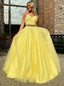A Line V Neck 2 Pieces Daffodil Tulle Prom Dresses With Lace Appliques