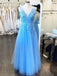 a-line v neck sky blue long prom evening dresses with appliques dtp868