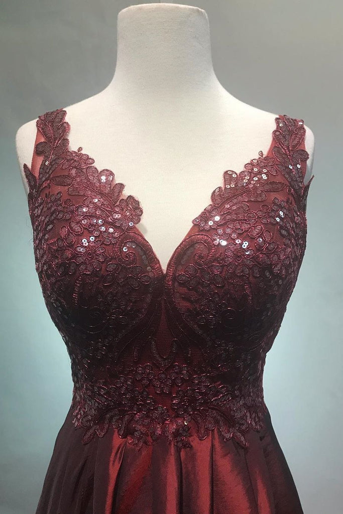 a-line v-neck long burgundy prom dresses with appliques dtp883
