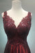 a-line v-neck long burgundy prom dresses with appliques dtp883
