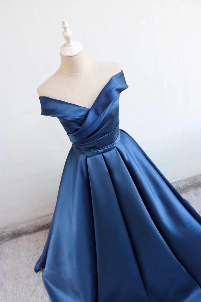 Off Shoulder Satin Blue Long Prom Dresses, Long Evening Dress