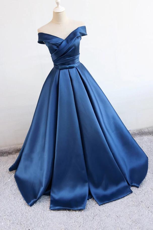 long evening dress off shoulder satin blue long prom dresses dtp862