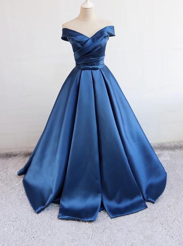 Off Shoulder Satin Blue Long Prom Dresses, Long Evening Dress
