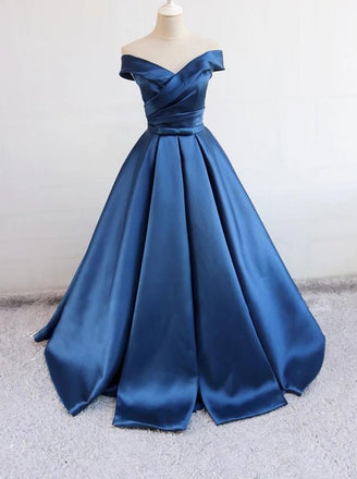 Off Shoulder Satin Blue Long Prom Dresses, Long Evening Dress