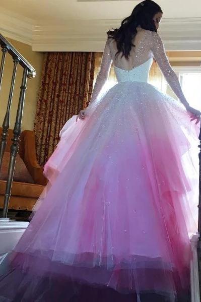 Sparkly Beading Long Sleeve Ombre Wedding Dresses With Layered Bridal Gown
