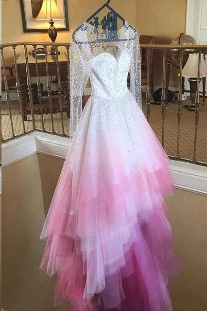 Sparkly Beading Long Sleeve Ombre Wedding Dresses With Layered Bridal Gown