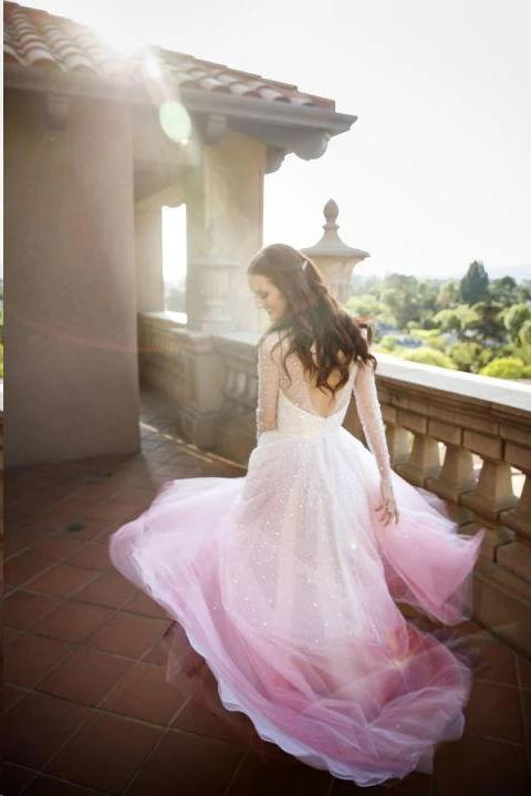 sparkly beading long sleeve ombre wedding dresses with layered bridal gown dtw317